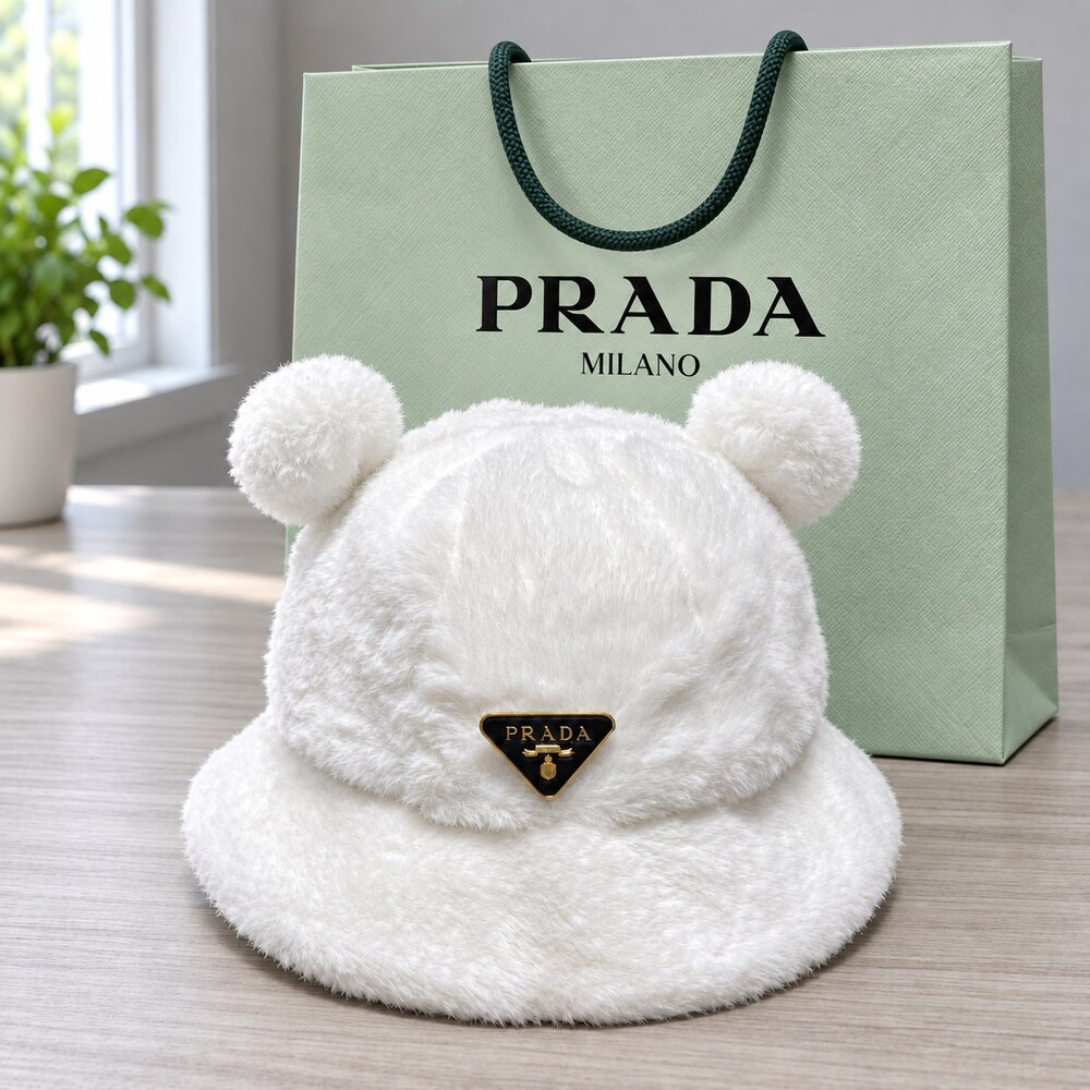 Prada White Plush Ear Bucket Hat